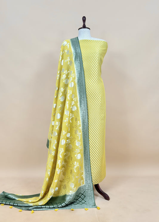 Lemon Yellow Handloom Khadi Weaving Unstitched Suit In Georgette