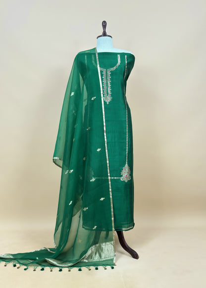 Emerald Green Handloom Silk Kurta And Kora Silk Dupatta With Kadwa Weaving