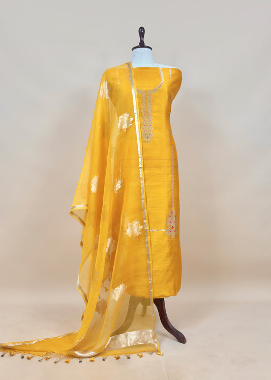 Sunflower Yellow Handloom Silk Kurta And Kora Silk Dupatta With Kadwa Weaving