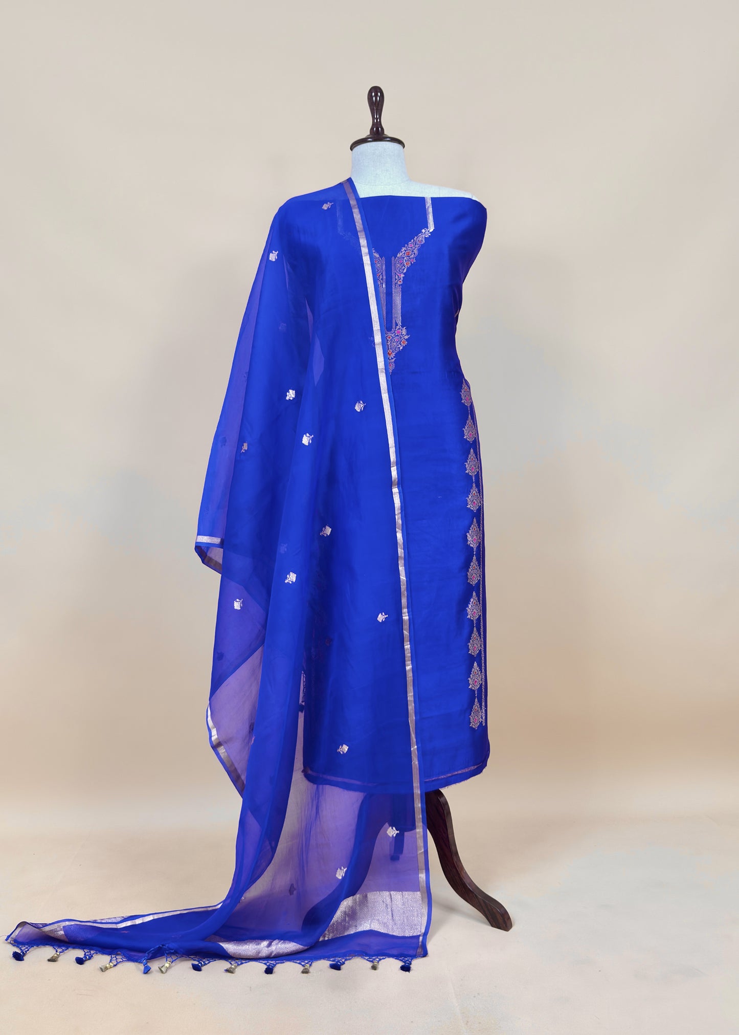Sapphire Blue Handloom Silk Kurta And Kora Silk Dupatta with Kadwa weaving