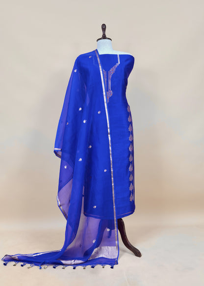 Sapphire Blue Handloom Silk Kurta And Kora Silk Dupatta with Kadwa weaving