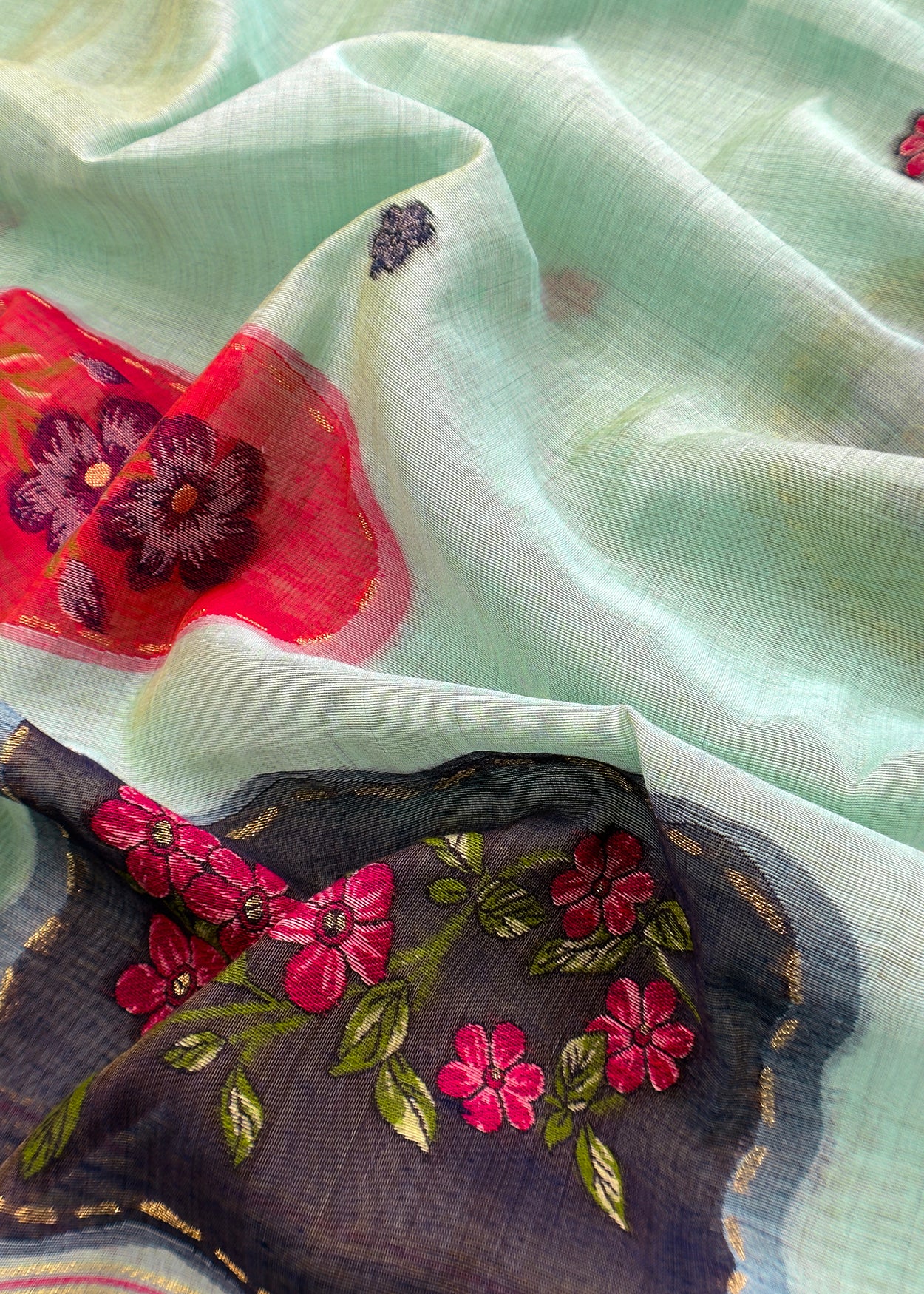 Turquoise Linen Chanderi Suit With Jamdani Weaving