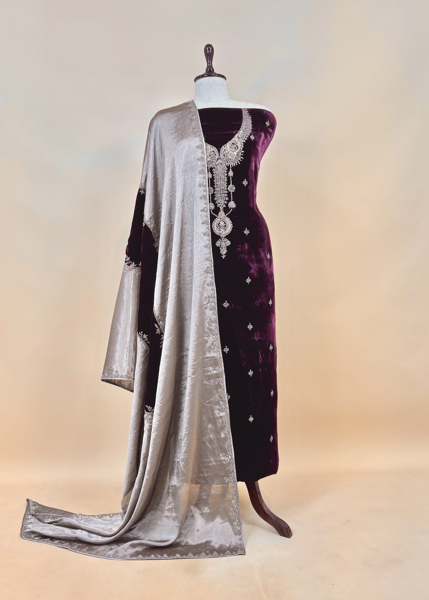 Darlings Luxe Royal Wine Pure Velvet Kurta And Tissue Dupatta With Appliqué And Dori, Zardosi Dabka handwork