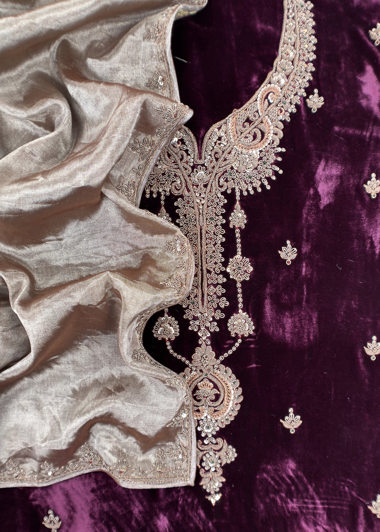 Darlings Luxe Royal Wine Pure Velvet Kurta And Tissue Dupatta With Appliqué And Dori, Zardosi Dabka handwork