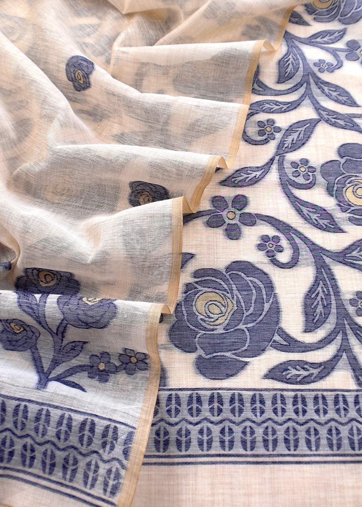 Beige And Blue Linen Chanderi Suit With Jamdani Weaving