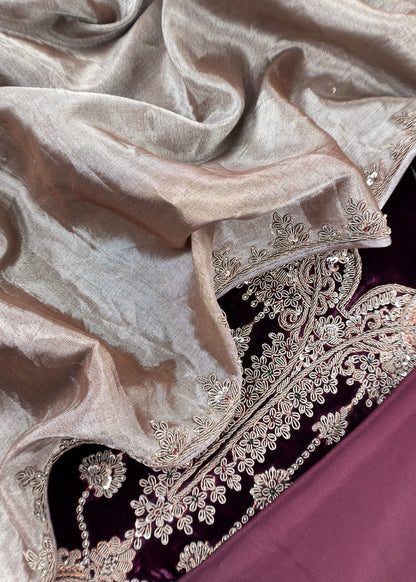 Darlings Luxe Royal Wine Pure Velvet Kurta And Tissue Dupatta With Appliqué And Dori, Zardosi Dabka handwork