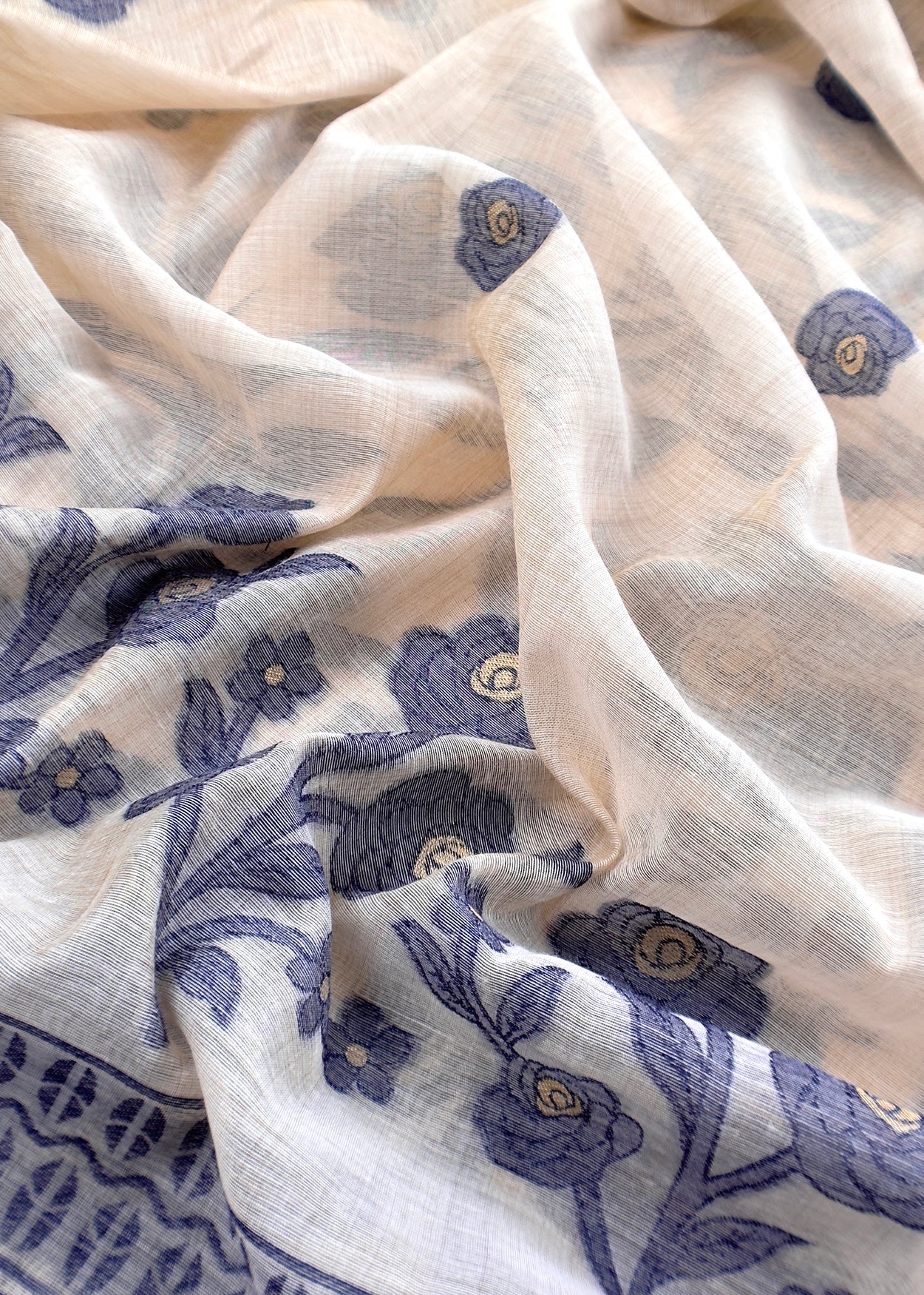 Beige And Blue Linen Chanderi Suit With Jamdani Weaving
