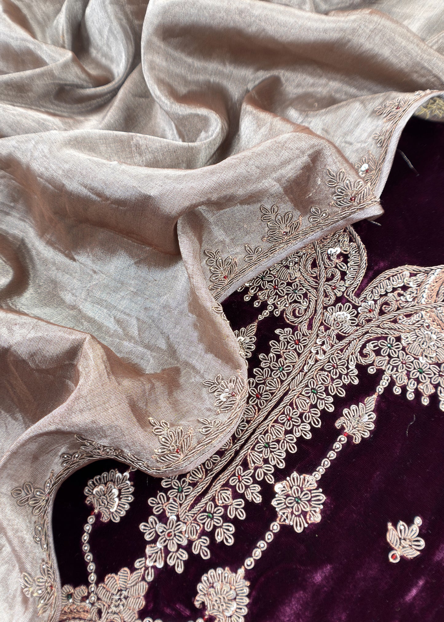 Darlings Luxe Royal Wine Pure Velvet Kurta And Tissue Dupatta With Appliqué And Dori, Zardosi Dabka handwork