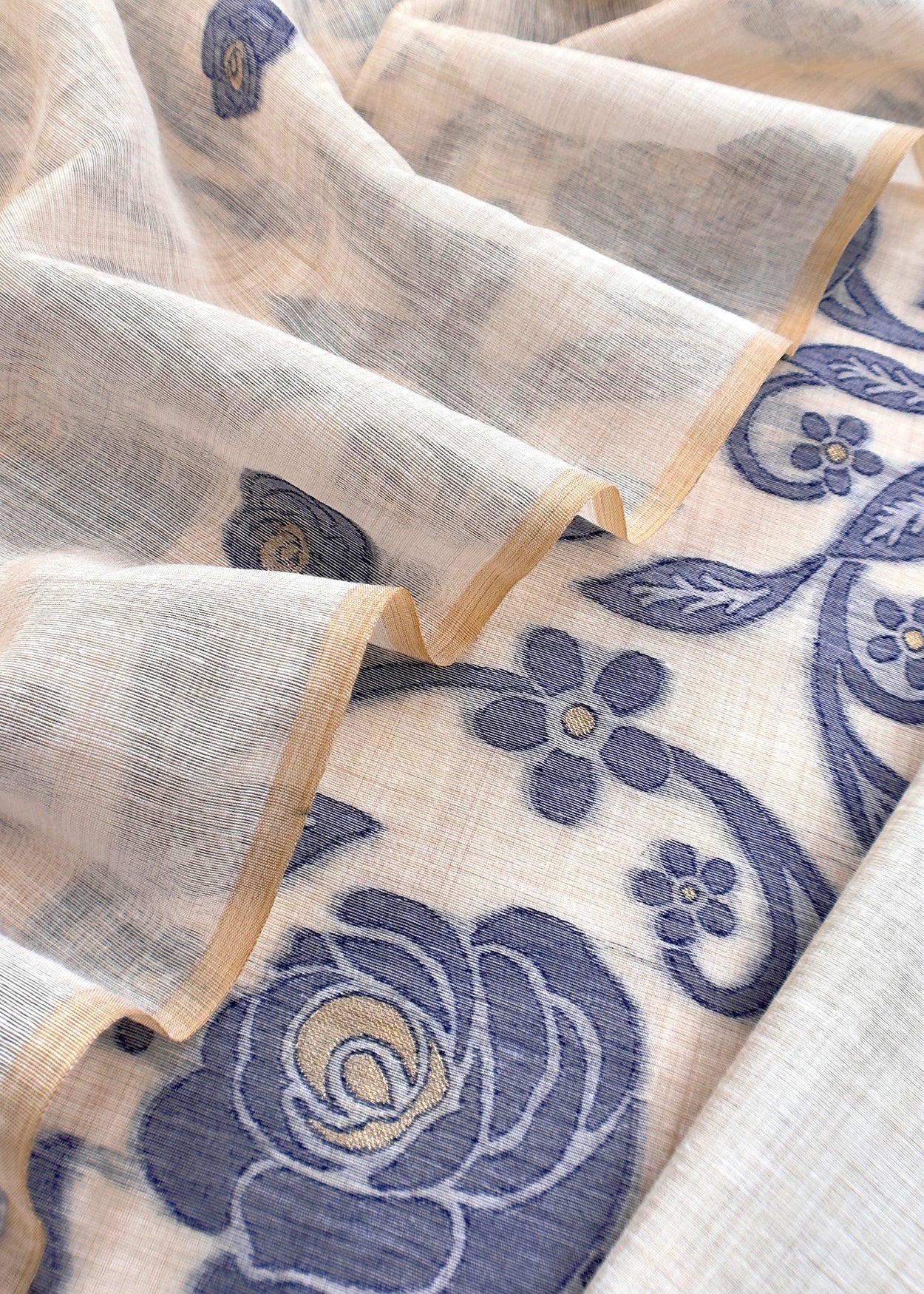 Beige And Blue Linen Chanderi Suit With Jamdani Weaving