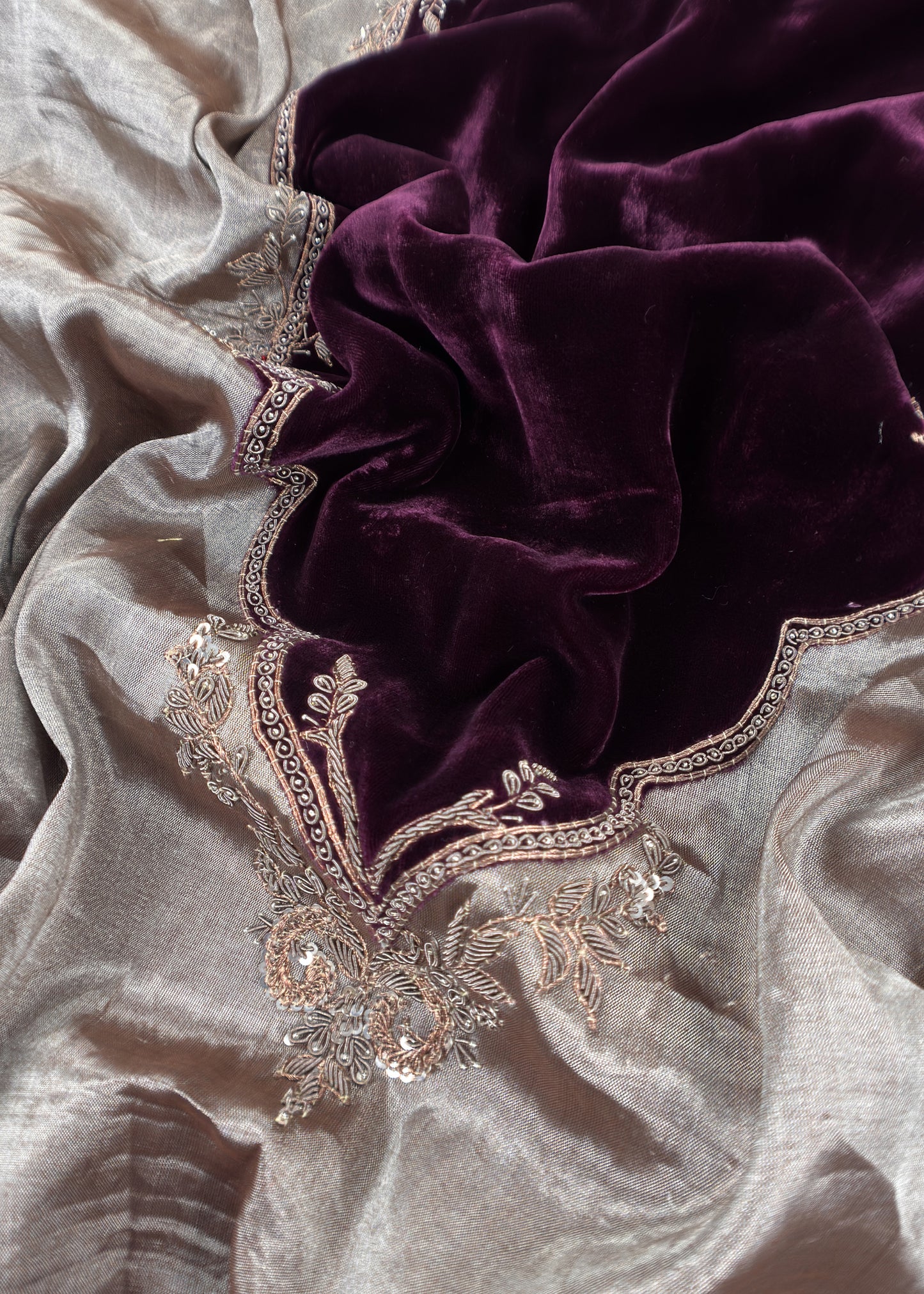 Darlings Luxe Royal Wine Pure Velvet Kurta And Tissue Dupatta With Appliqué And Dori, Zardosi Dabka handwork