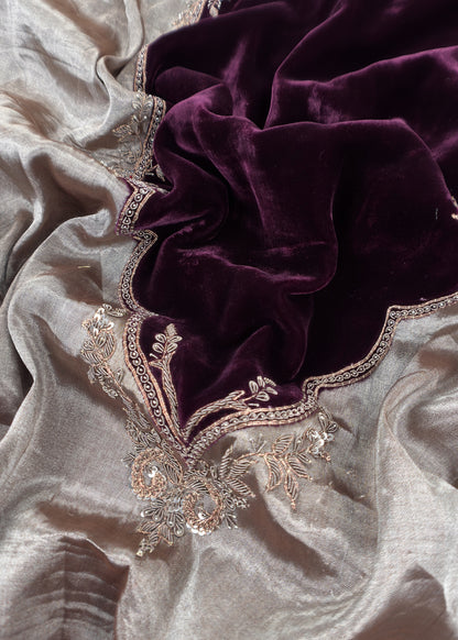Darlings Luxe Royal Wine Pure Velvet Kurta And Tissue Dupatta With Appliqué And Dori, Zardosi Dabka handwork