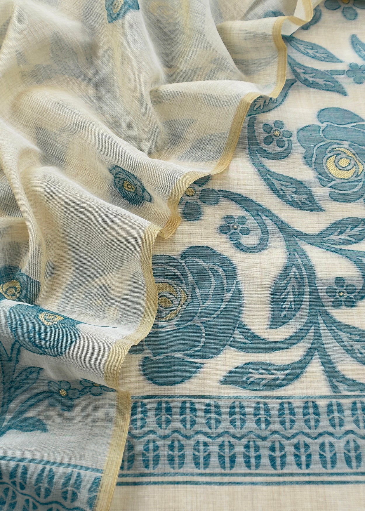 Beige And Turquoise Linen Chanderi Suit With Jamdani Weaving