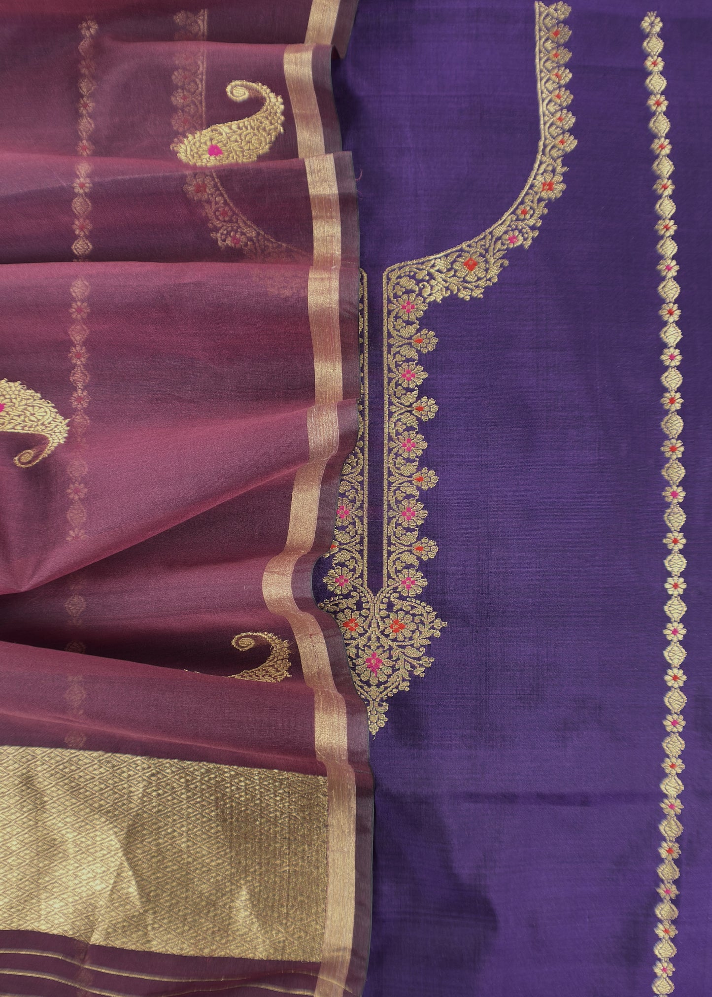 Violet And Wine Handloom Silk Kurta And Kora Silk Dupatta With Kadwa Weaving