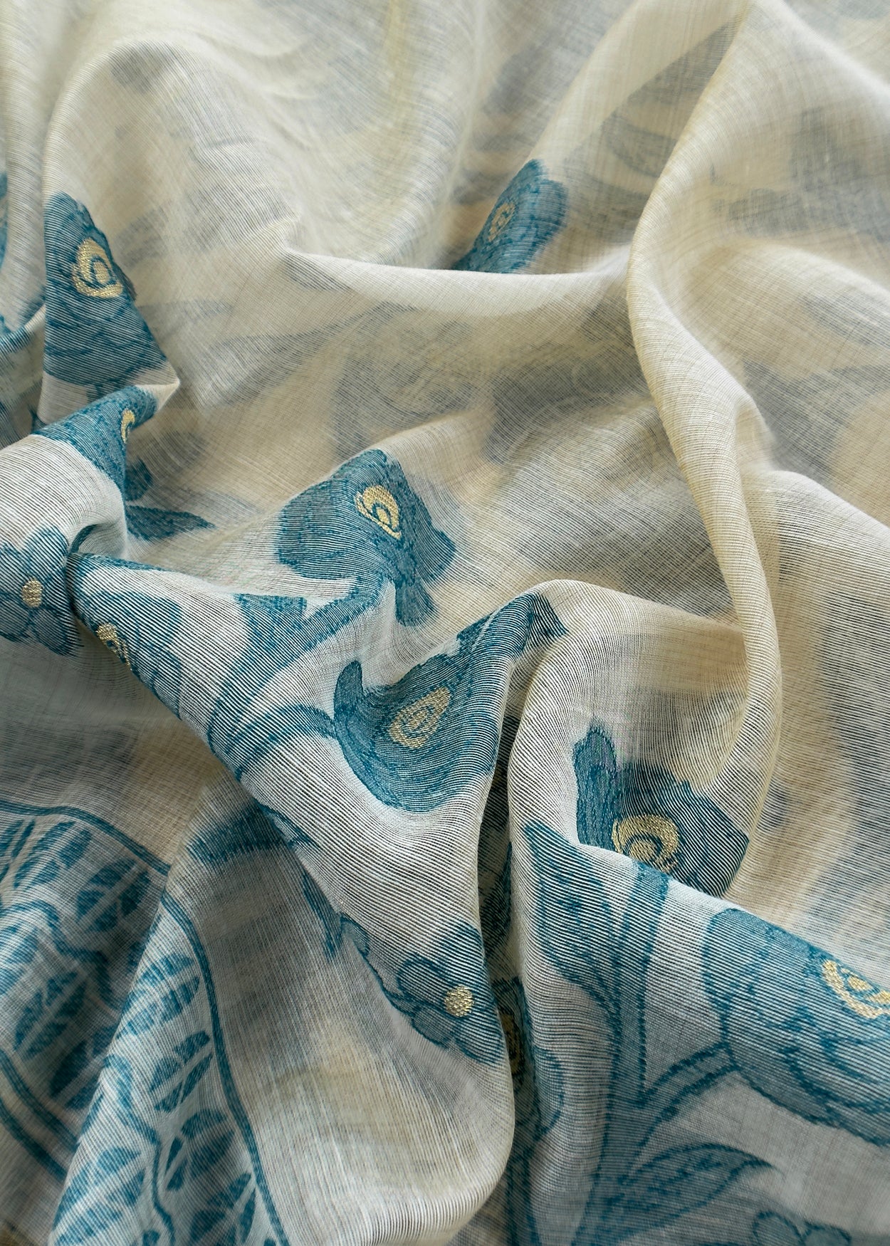 Beige And Turquoise Linen Chanderi Suit With Jamdani Weaving