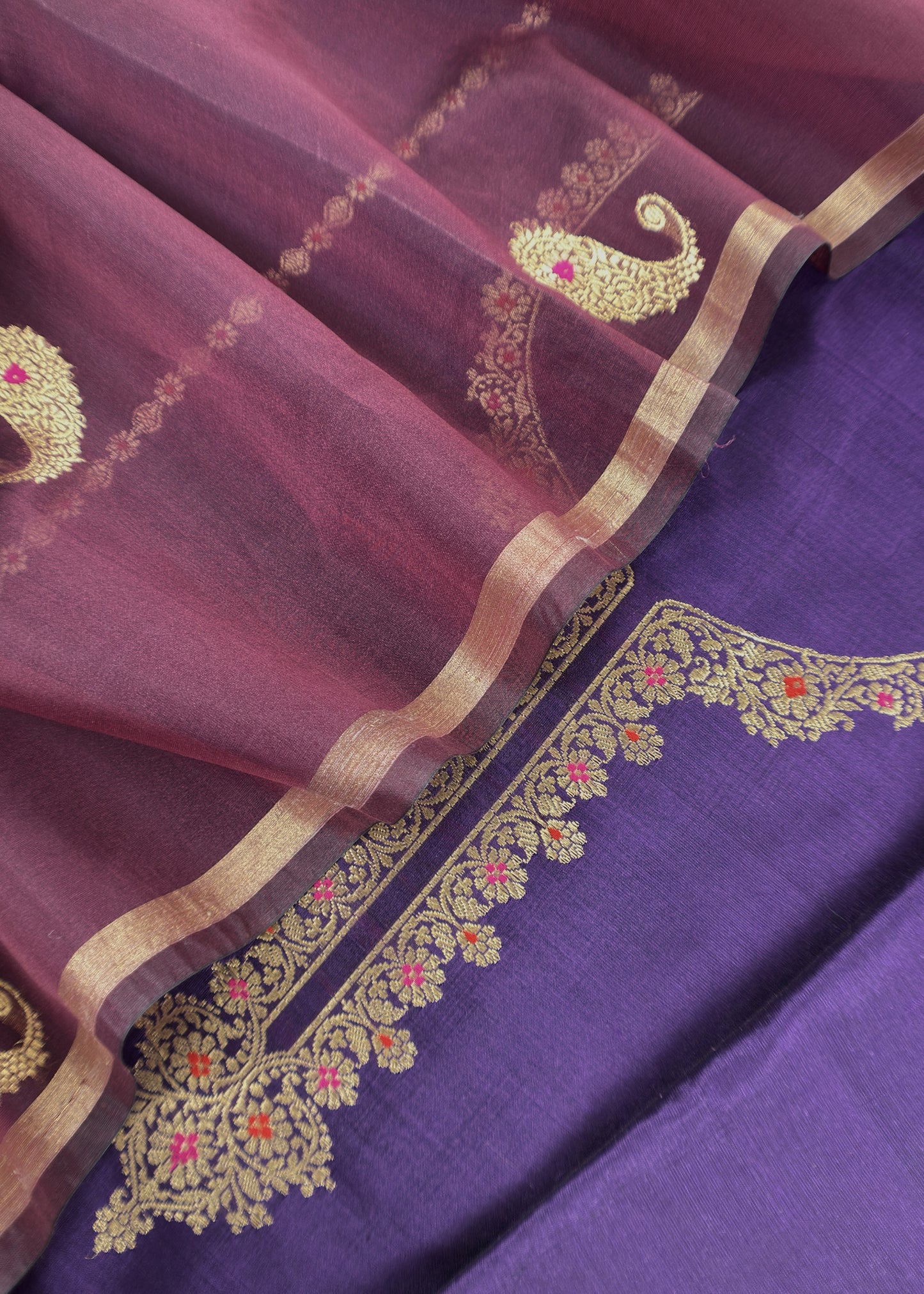 Violet And Wine Handloom Silk Kurta And Kora Silk Dupatta With Kadwa Weaving