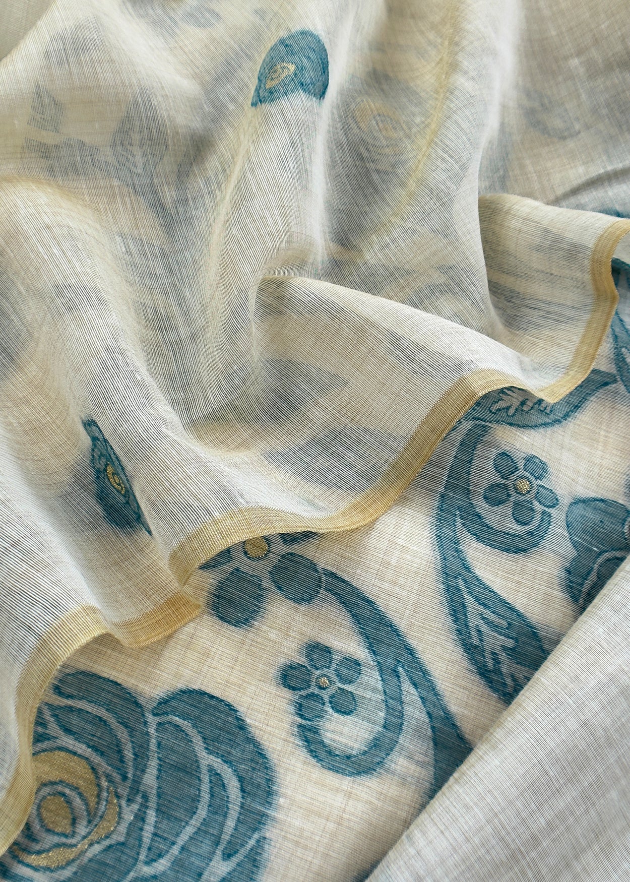 Beige And Turquoise Linen Chanderi Suit With Jamdani Weaving