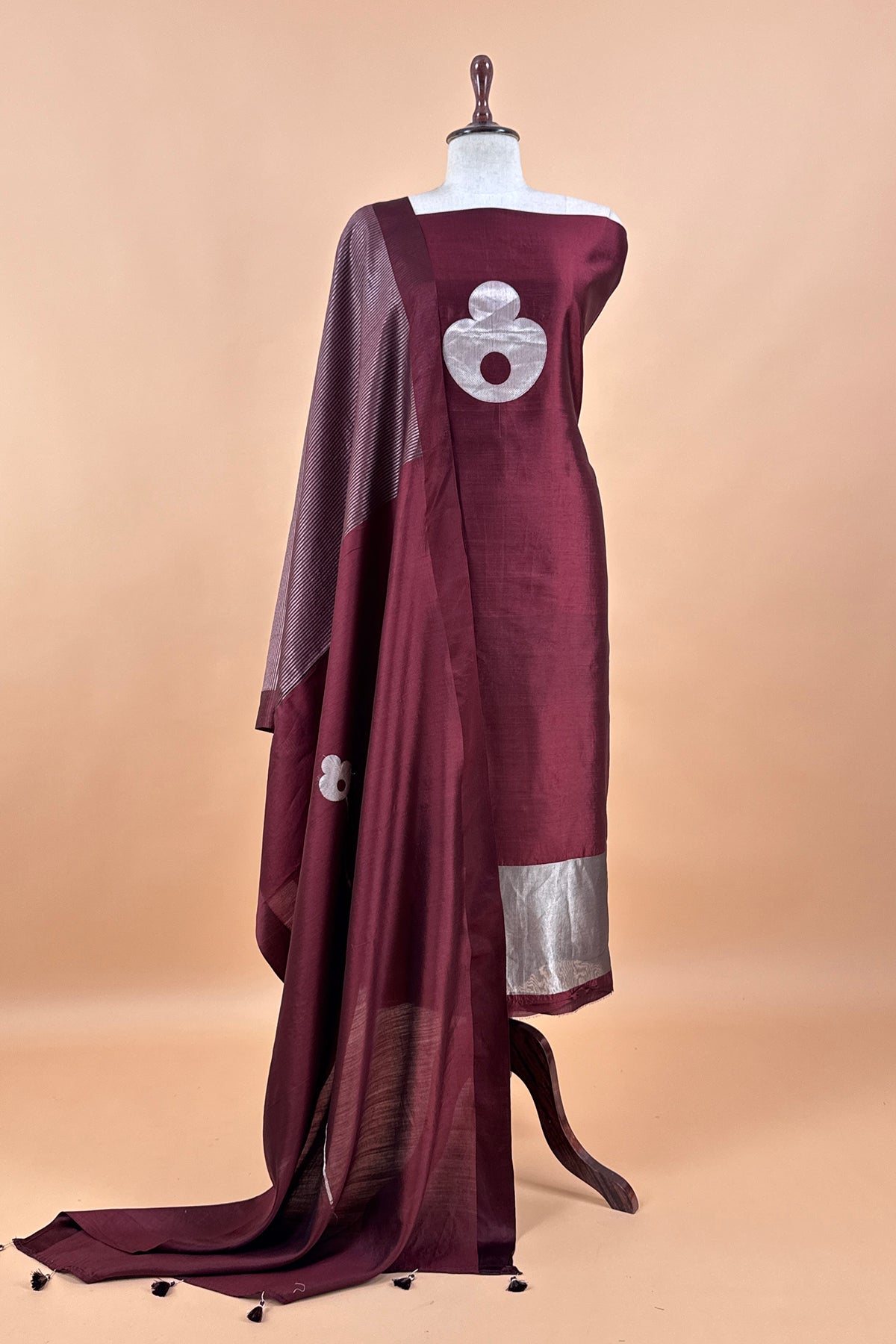 Wine Handloom Silk Suit With Kadwa Weaving
