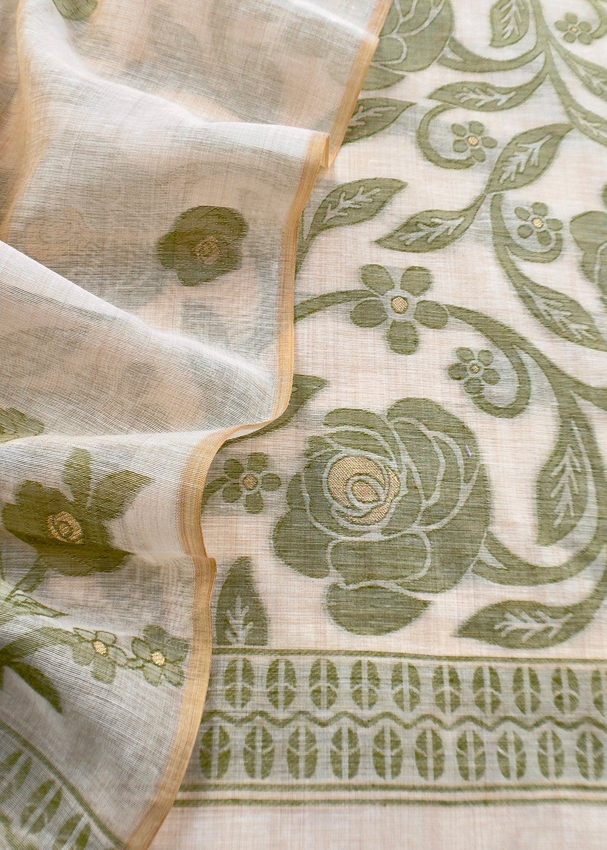 Beige And Green Linen Chanderi Suit With Jamdani Weaving
