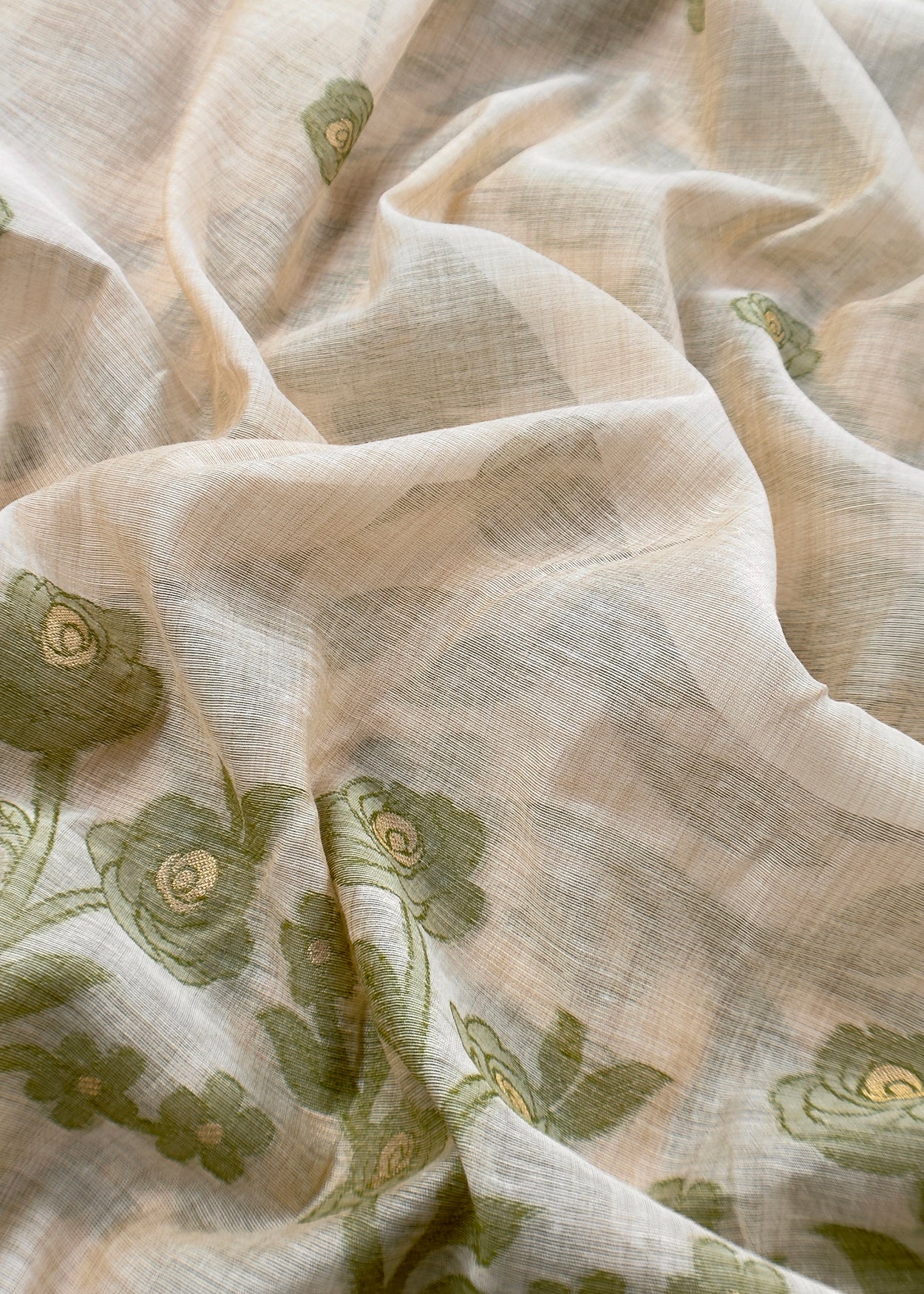 Beige And Green Linen Chanderi Suit With Jamdani Weaving