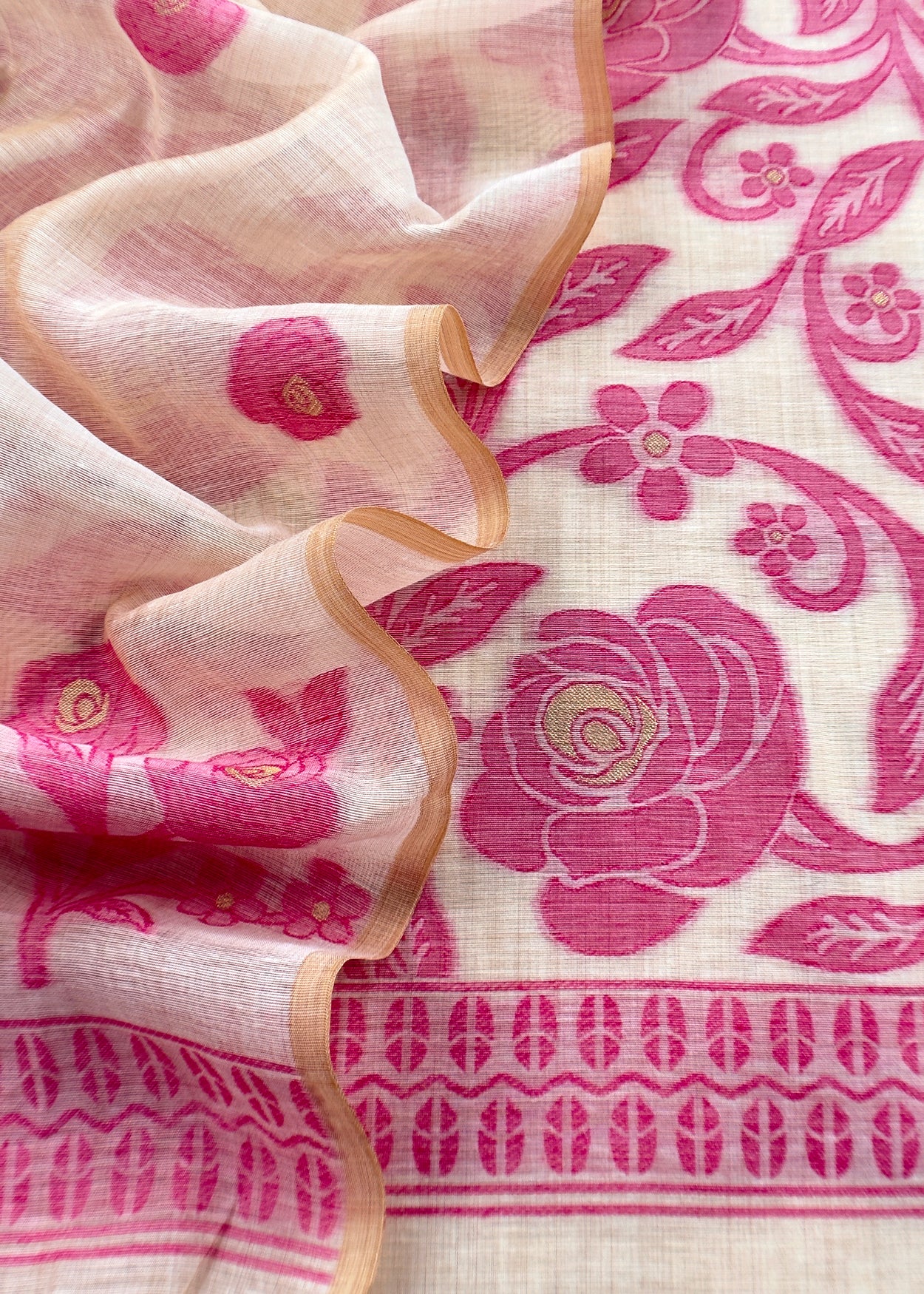 Beige And Pink Linen Chanderi Suit With Jamdani Weaving