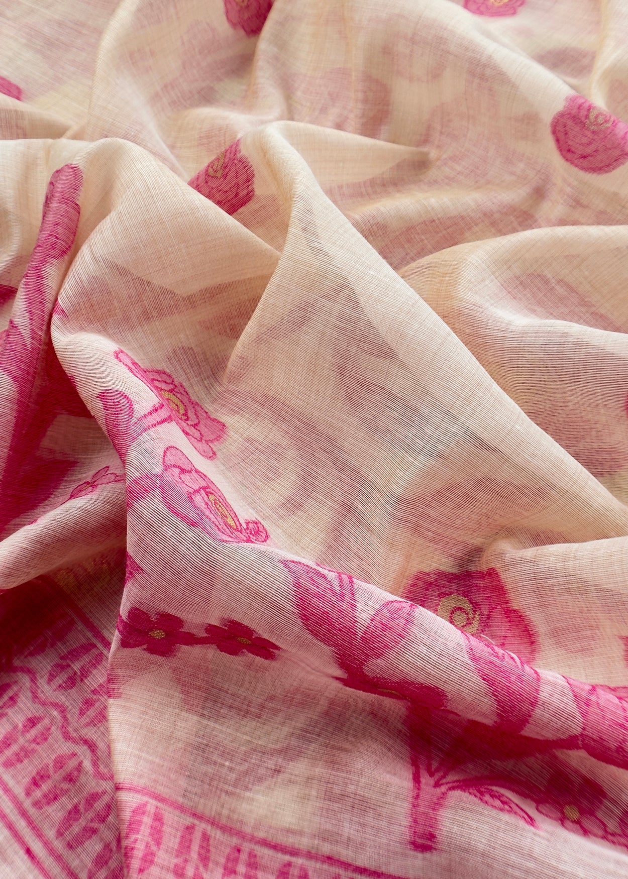 Beige And Pink Linen Chanderi Suit With Jamdani Weaving