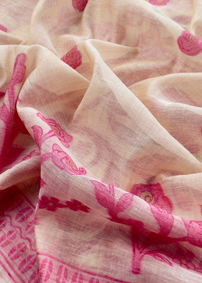 Beige And Pink Linen Chanderi Suit With Jamdani Weaving