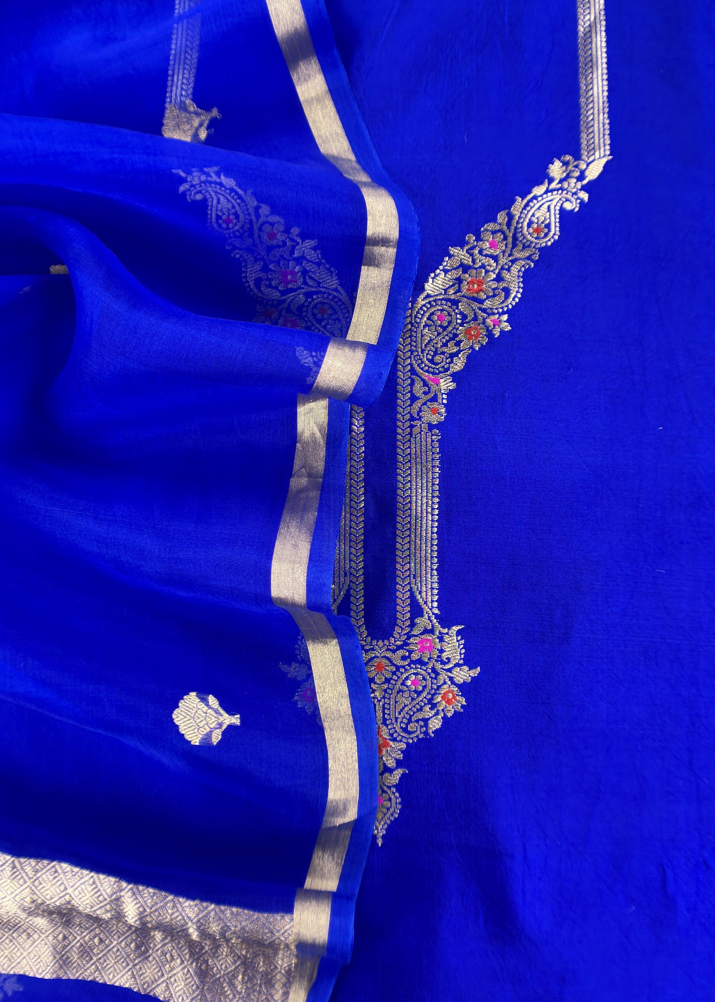 Sapphire Blue Handloom Silk Kurta And Kora Silk Dupatta with Kadwa weaving