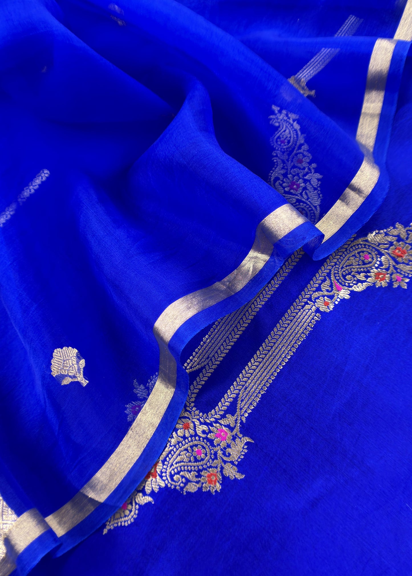 Sapphire Blue Handloom Silk Kurta And Kora Silk Dupatta with Kadwa weaving
