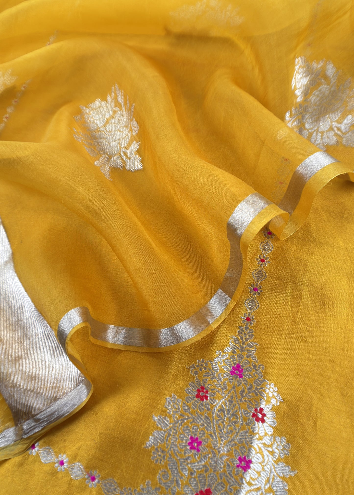 Sunflower Yellow Handloom Silk Kurta And Kora Silk Dupatta With Kadwa Weaving