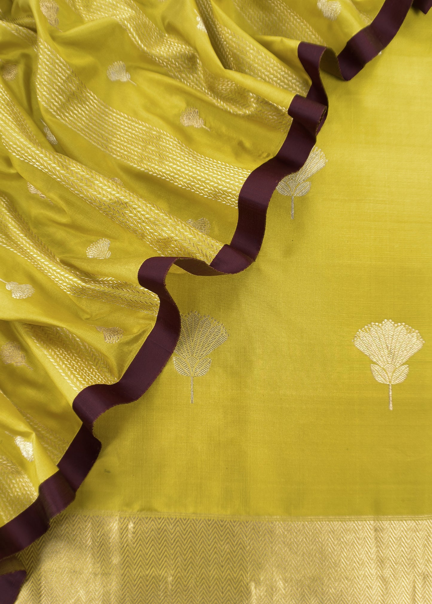 Lime Green Handloom Katan Silk Suit Fabric With Magnolia Flowers Kadwa Weaving