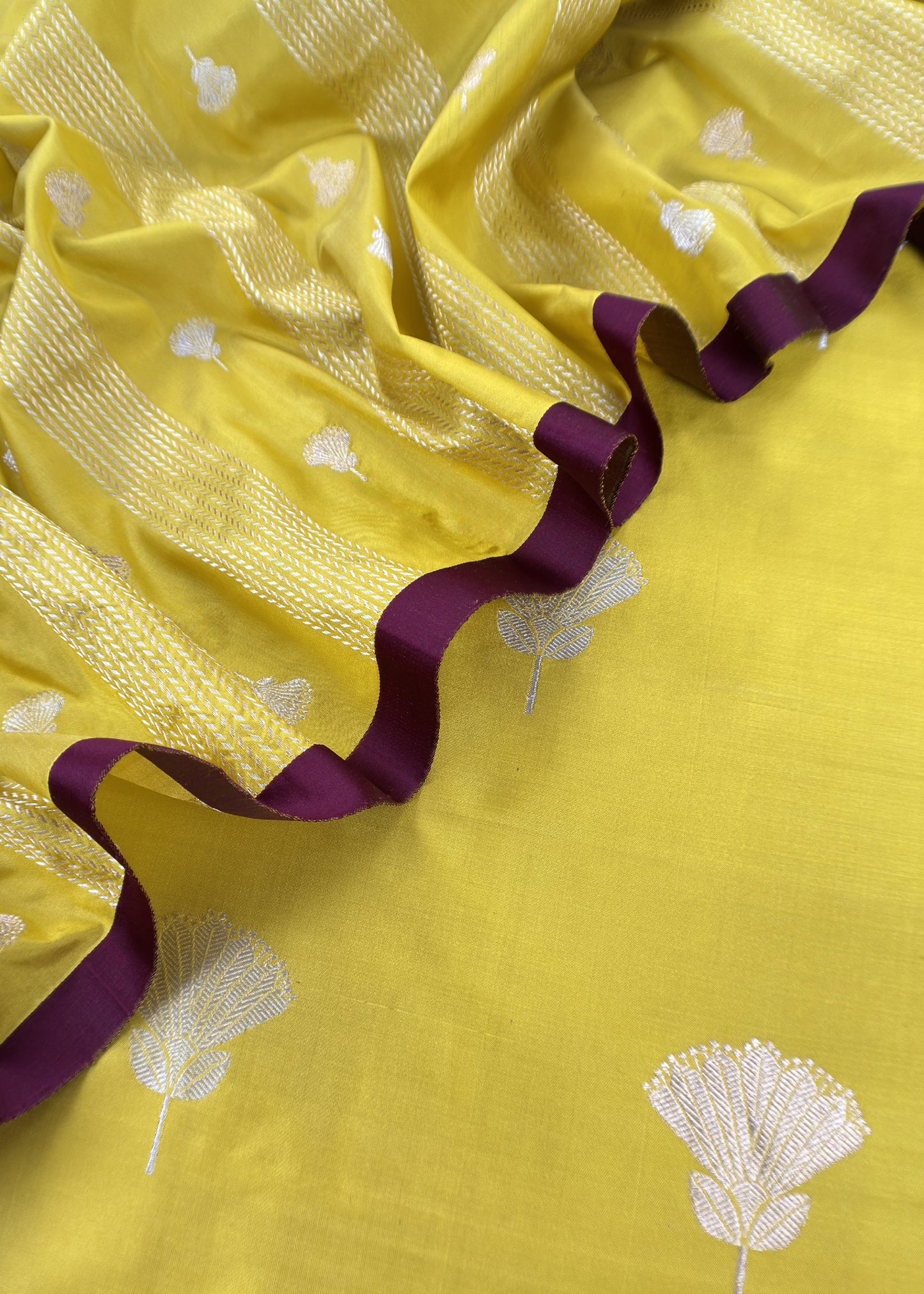 Lime Green Handloom Katan Silk Suit Fabric With Magnolia Flowers Kadwa Weaving