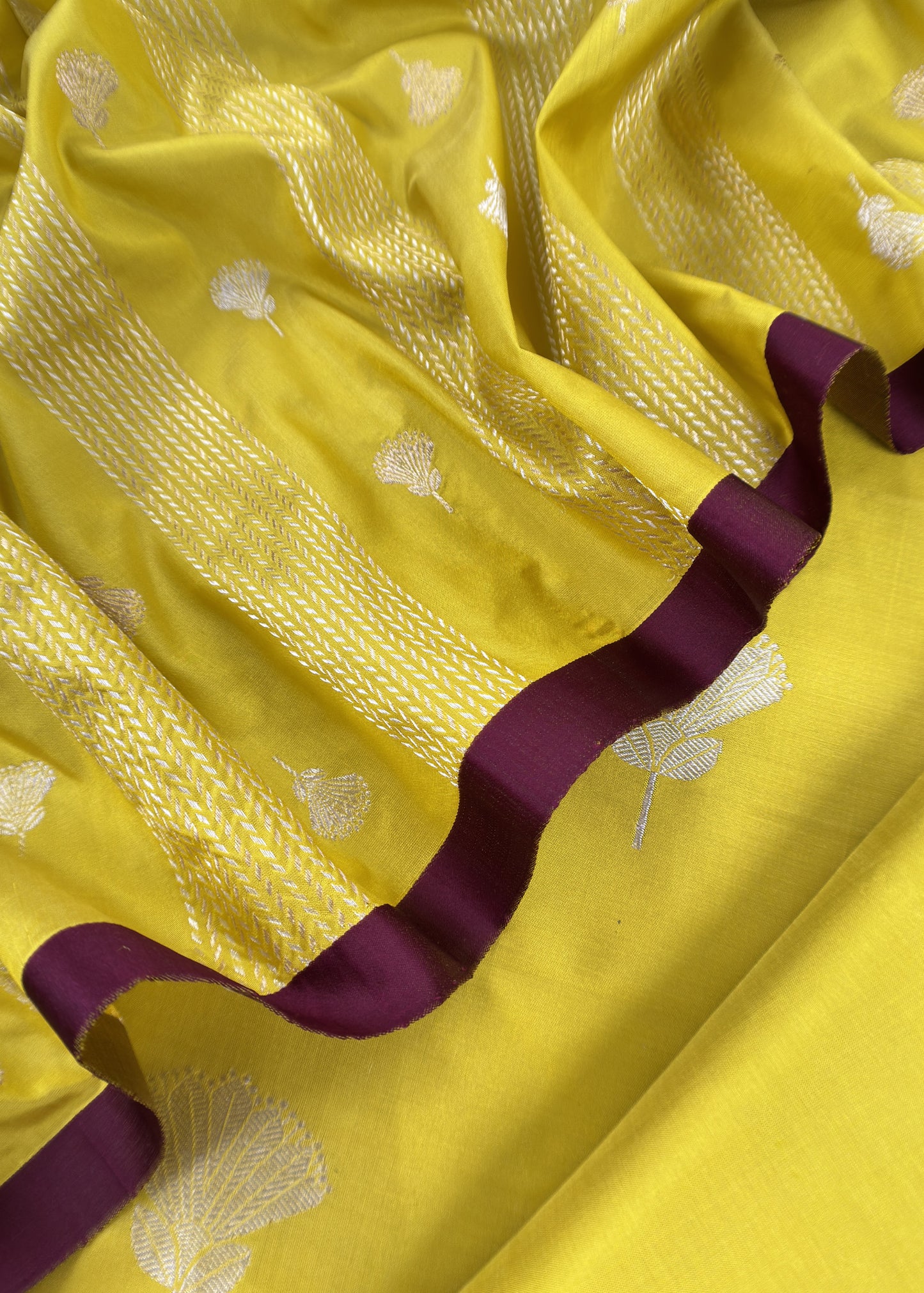 Lime Green Handloom Katan Silk Suit Fabric With Magnolia Flowers Kadwa Weaving