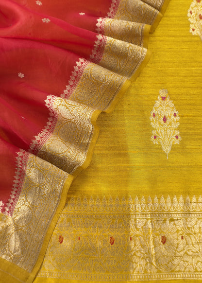 Yellow And Red Handloom Raw Silk Kurta And Kora Silk Dupatta With Gold Kadwa Weaving