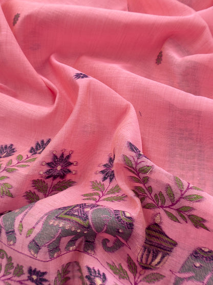 Pink Linen Chanderi Unstitched Suit With jamdani Weaving