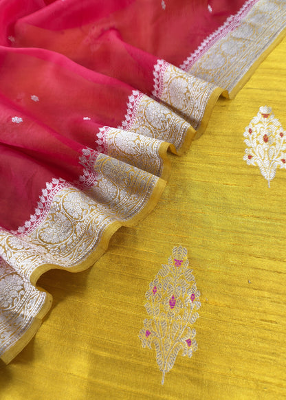 Yellow And Red Handloom Raw Silk Kurta And Kora Silk Dupatta With Gold Kadwa Weaving