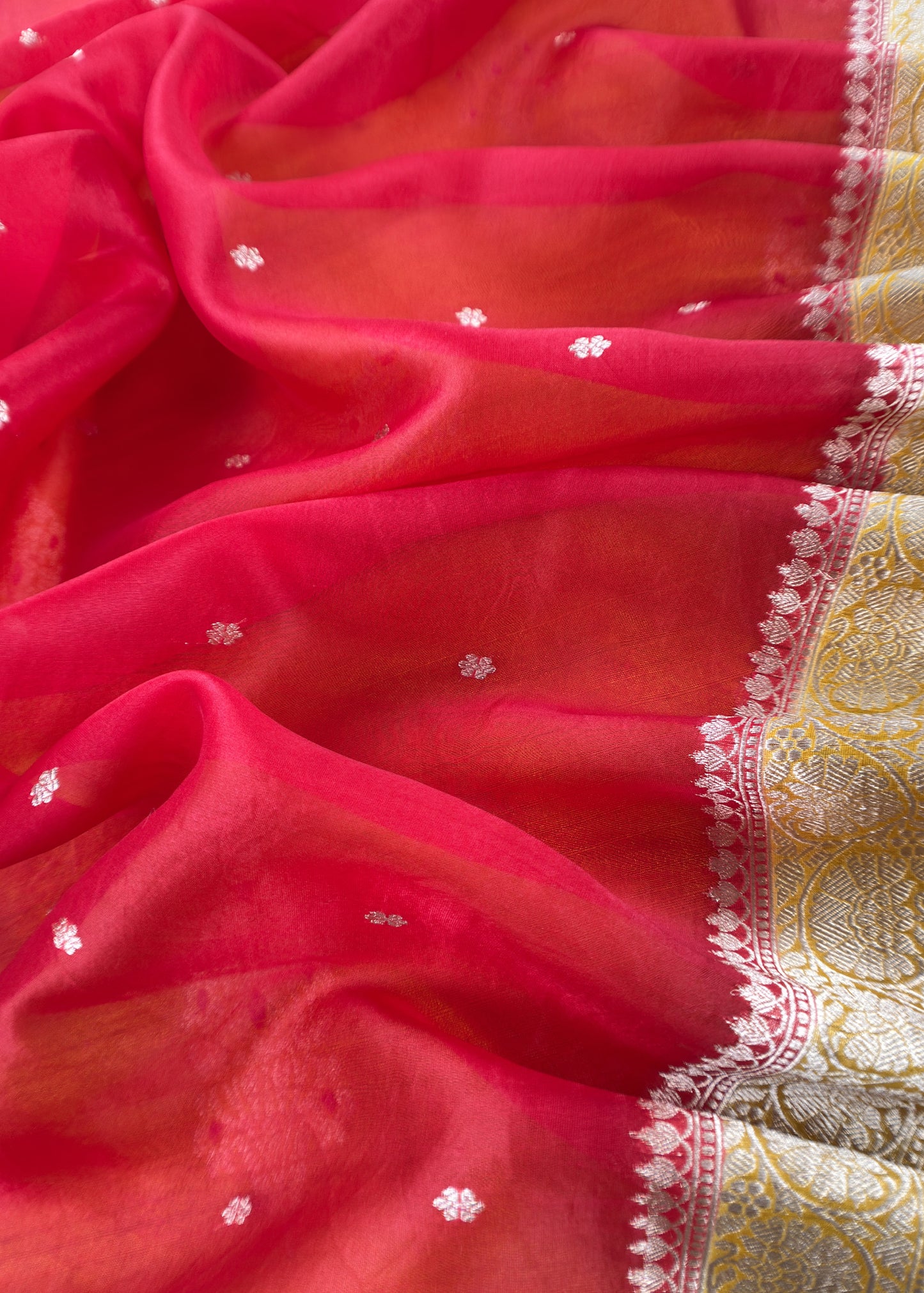 Yellow And Red Handloom Raw Silk Kurta And Kora Silk Dupatta With Gold Kadwa Weaving