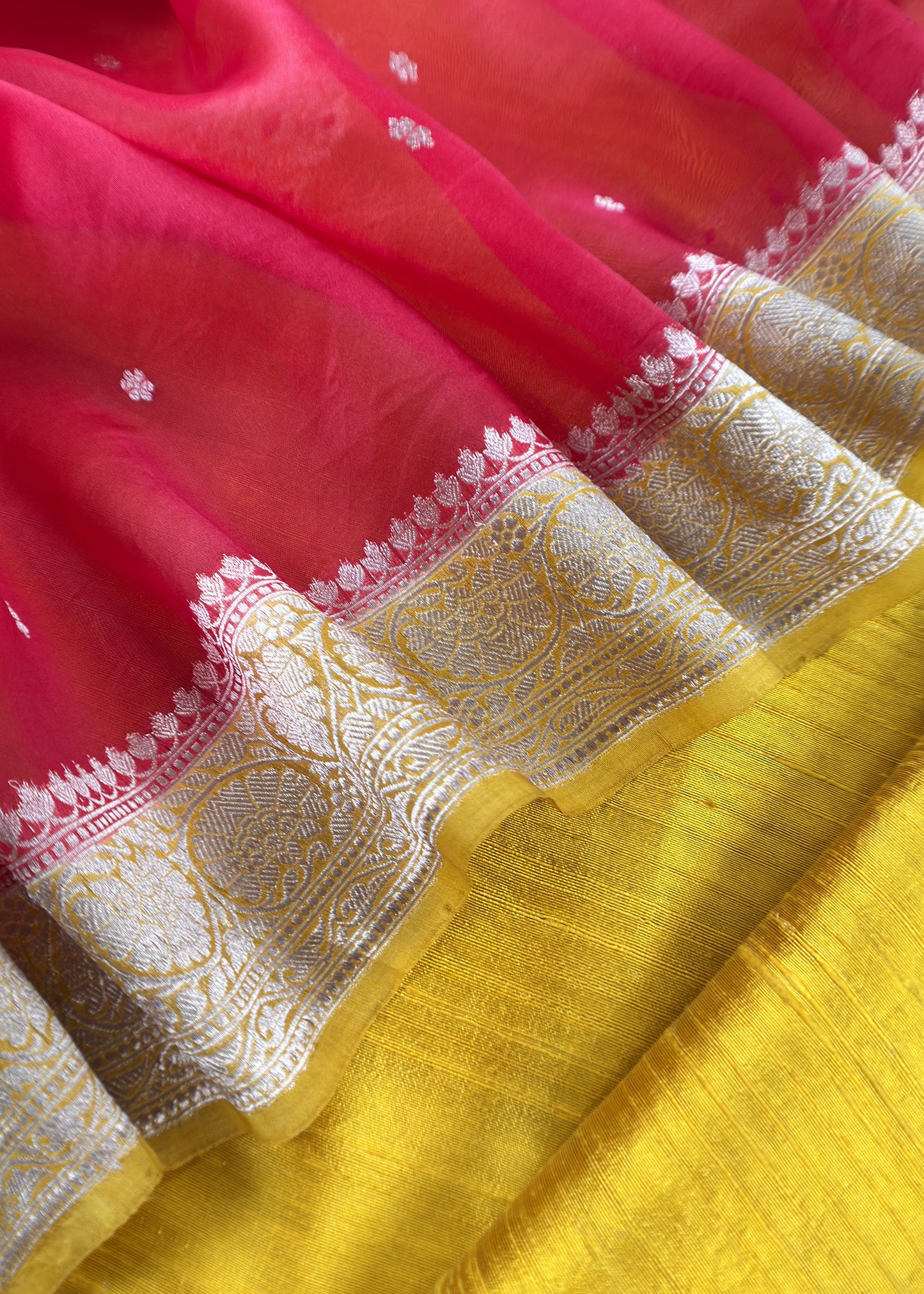Yellow And Red Handloom Raw Silk Kurta And Kora Silk Dupatta With Gold Kadwa Weaving
