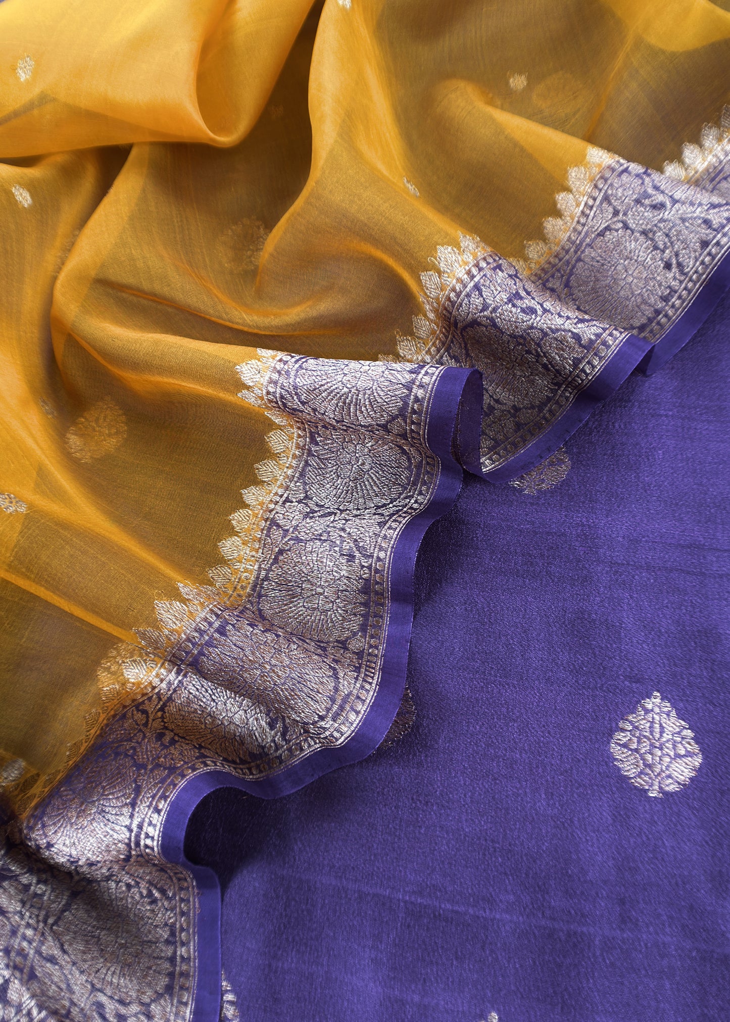 Purple and Yellow Handloom Raw Silk Suit With Kora Silk Dupatta