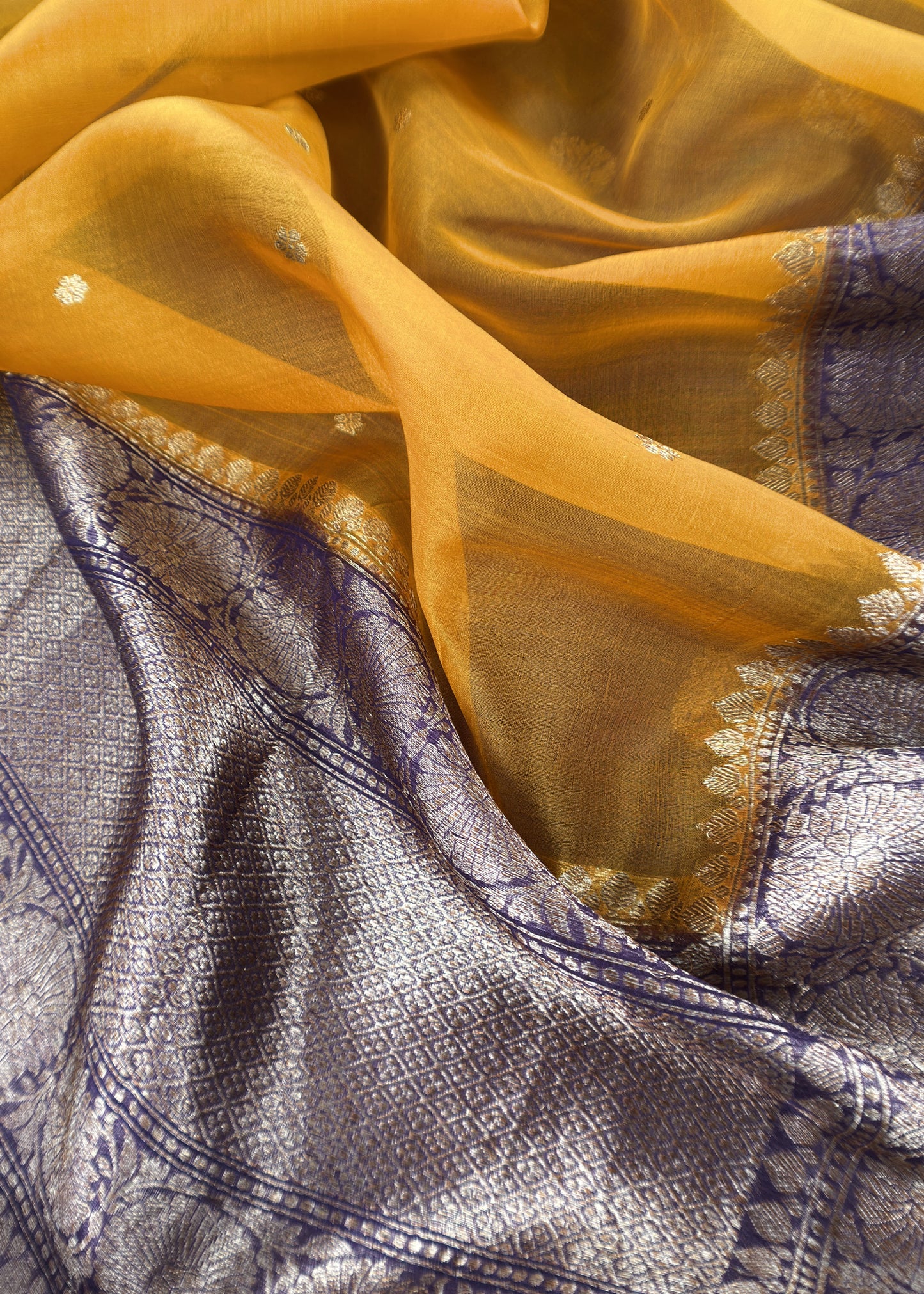 Purple and Yellow Handloom Raw Silk Suit With Kora Silk Dupatta