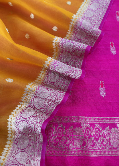 Pink And Yellow Handloom Raw Silk Suit With Kora Silk Dupatta