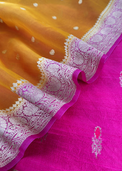 Pink And Yellow Handloom Raw Silk Suit With Kora Silk Dupatta
