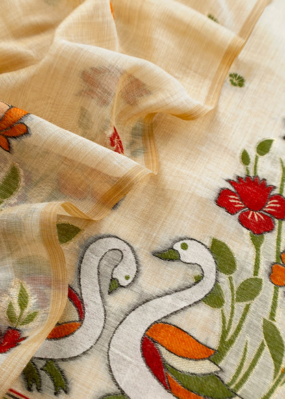 Beige Linen Chanderi Unstitched Suit With jamdani Weaving