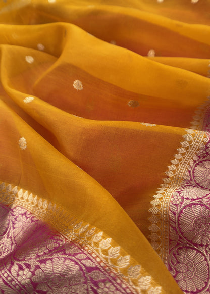 Pink And Yellow Handloom Raw Silk Suit With Kora Silk Dupatta