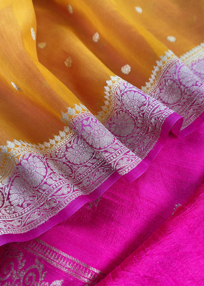 Pink And Yellow Handloom Raw Silk Suit With Kora Silk Dupatta