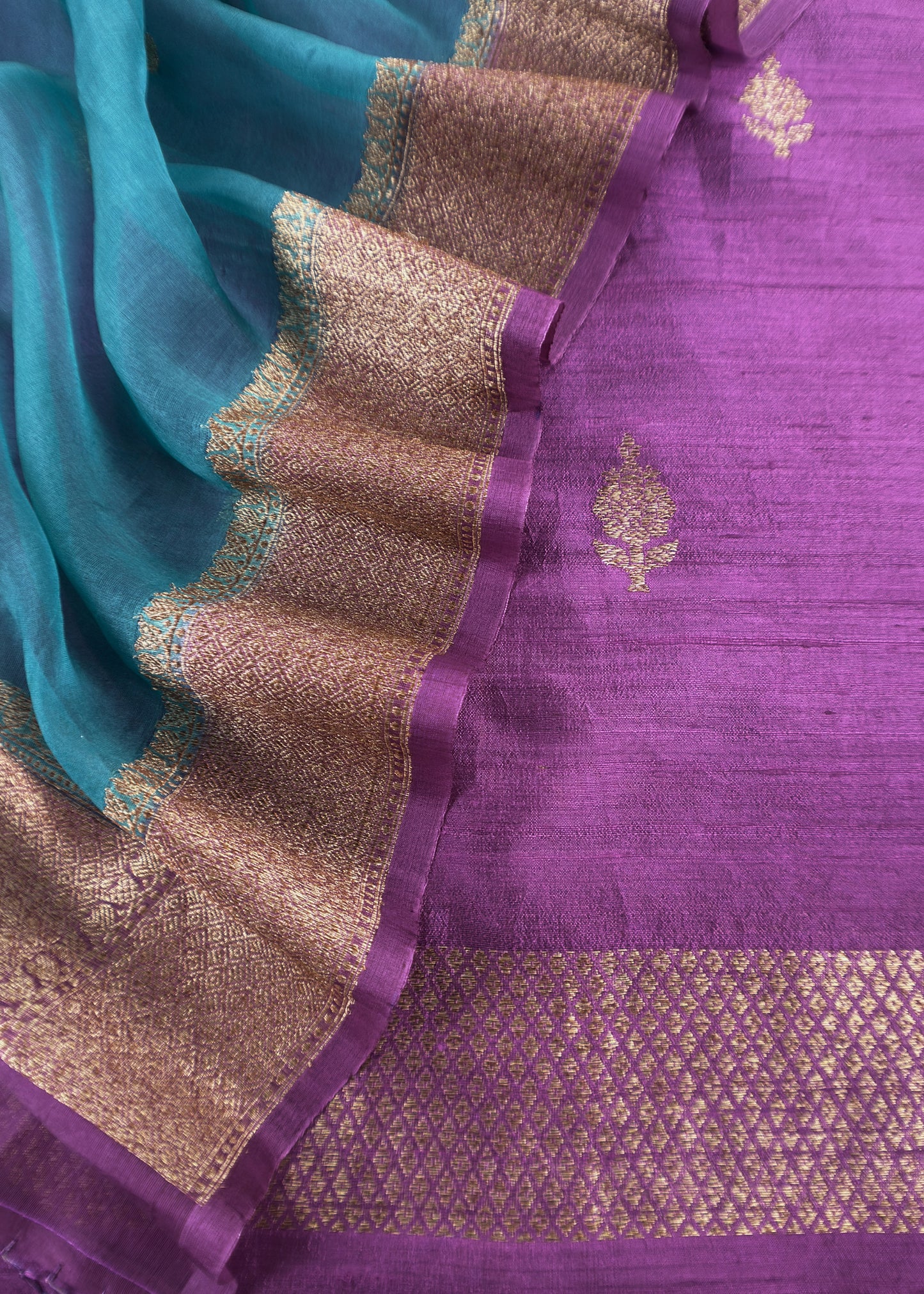 Purple And Blue Handloom Raw Silk Kurta And Kora Silk Dupatta With Gold Kadwa Weaving