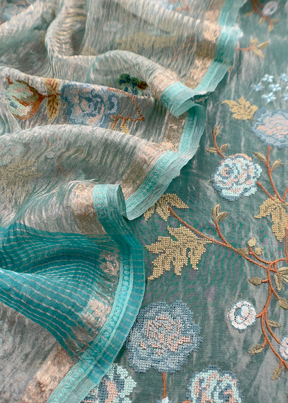 Turquoise Blue Handloom Tissue Silk With Cross Stitched Embroidery