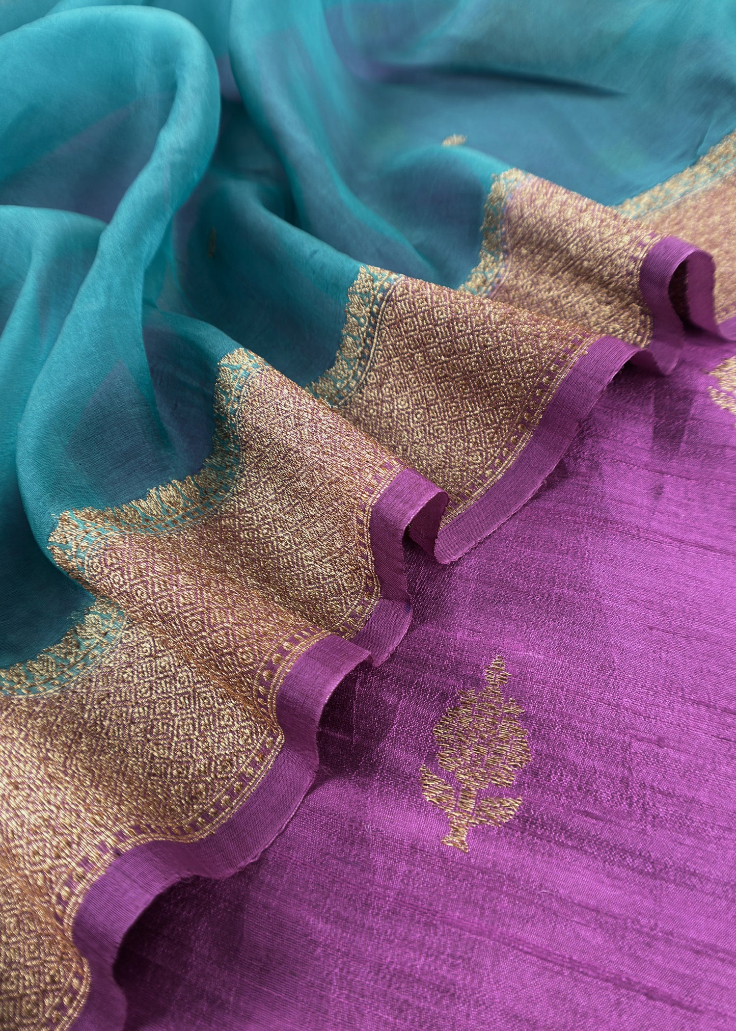 Purple And Blue Handloom Raw Silk Kurta And Kora Silk Dupatta With Gold Kadwa Weaving