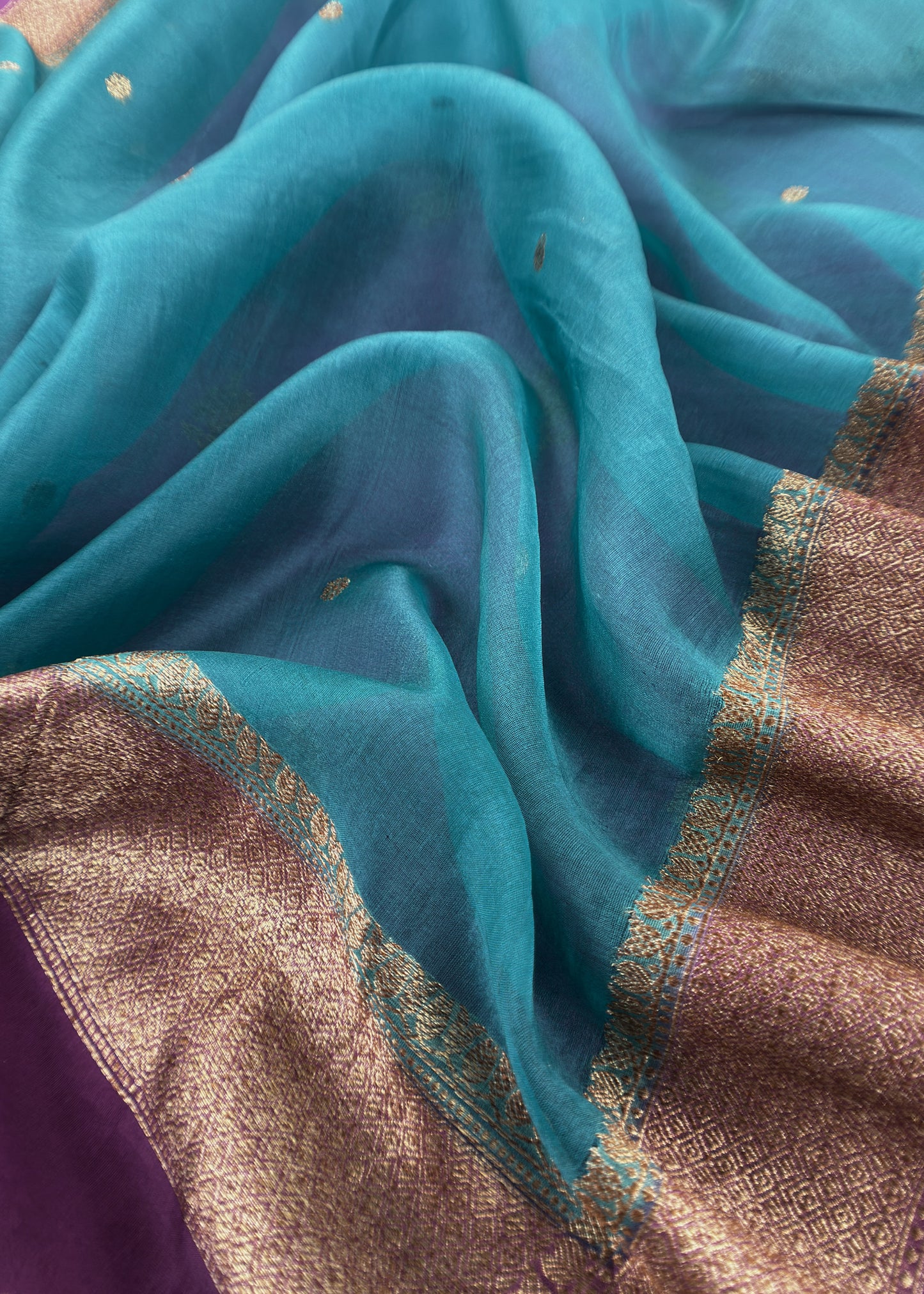 Purple And Blue Handloom Raw Silk Kurta And Kora Silk Dupatta With Gold Kadwa Weaving