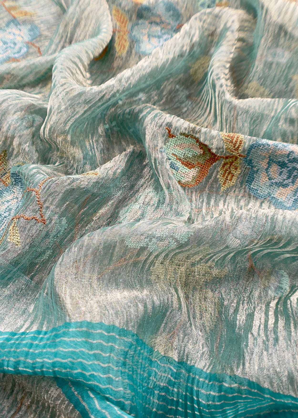 Turquoise Blue Handloom Tissue Silk With Cross Stitched Embroidery
