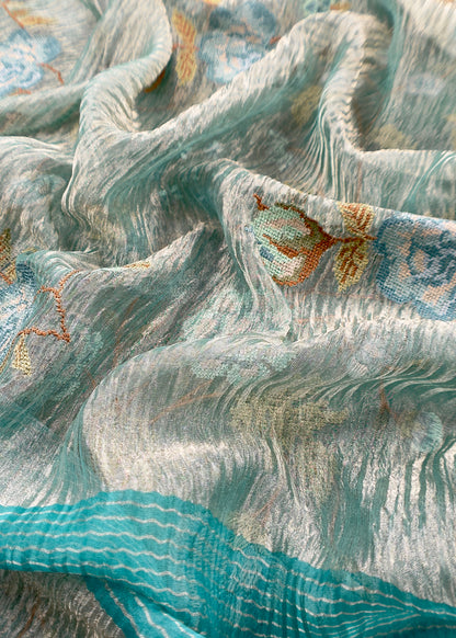 Turquoise Blue Handloom Tissue Silk With Cross Stitched Embroidery